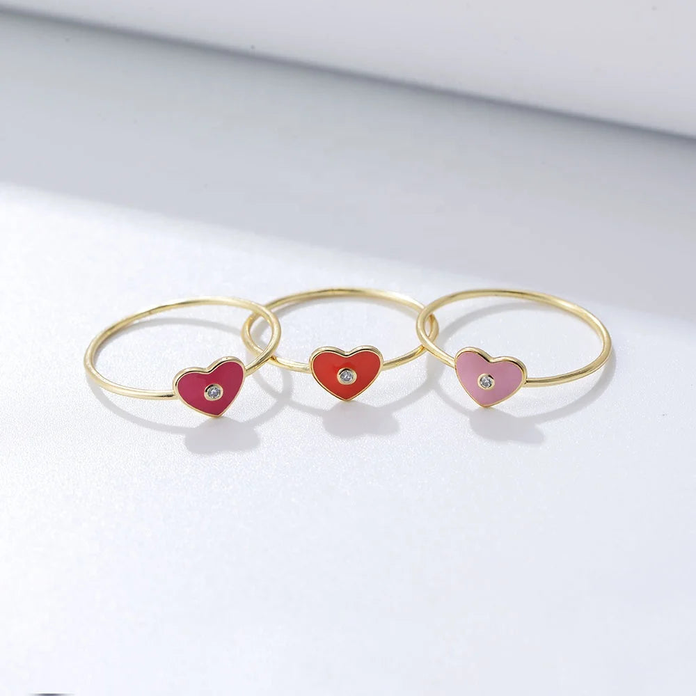 Fashion Cute Style Heart Shaped Color Enamel Rings 14K Gold Plated Zircon 925 Sterling Silver Heart Ring for Women
