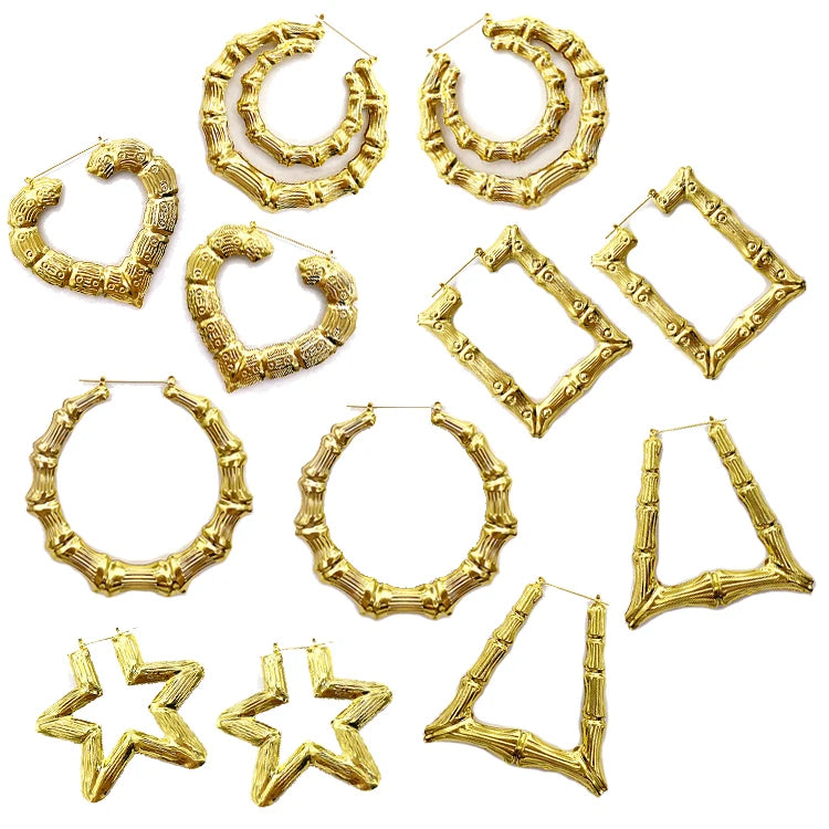 SC Wholesale Gold Plated Bamboo Earrings Jewelry Personalized Irregular Square Heart Bamboo Big Hoop Earrings for Women 2023