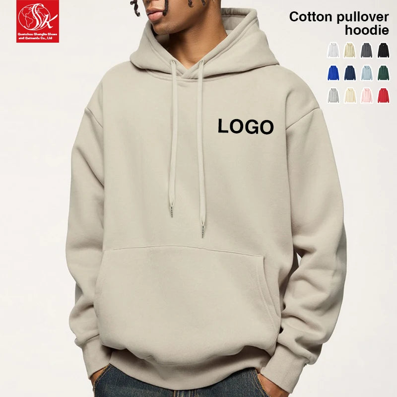 SK Men's Hoodie 100% Cotton Terry Pullover with O-Neck Autumn Sweatshirt featuring Custom Printing Logo and Pocket Design