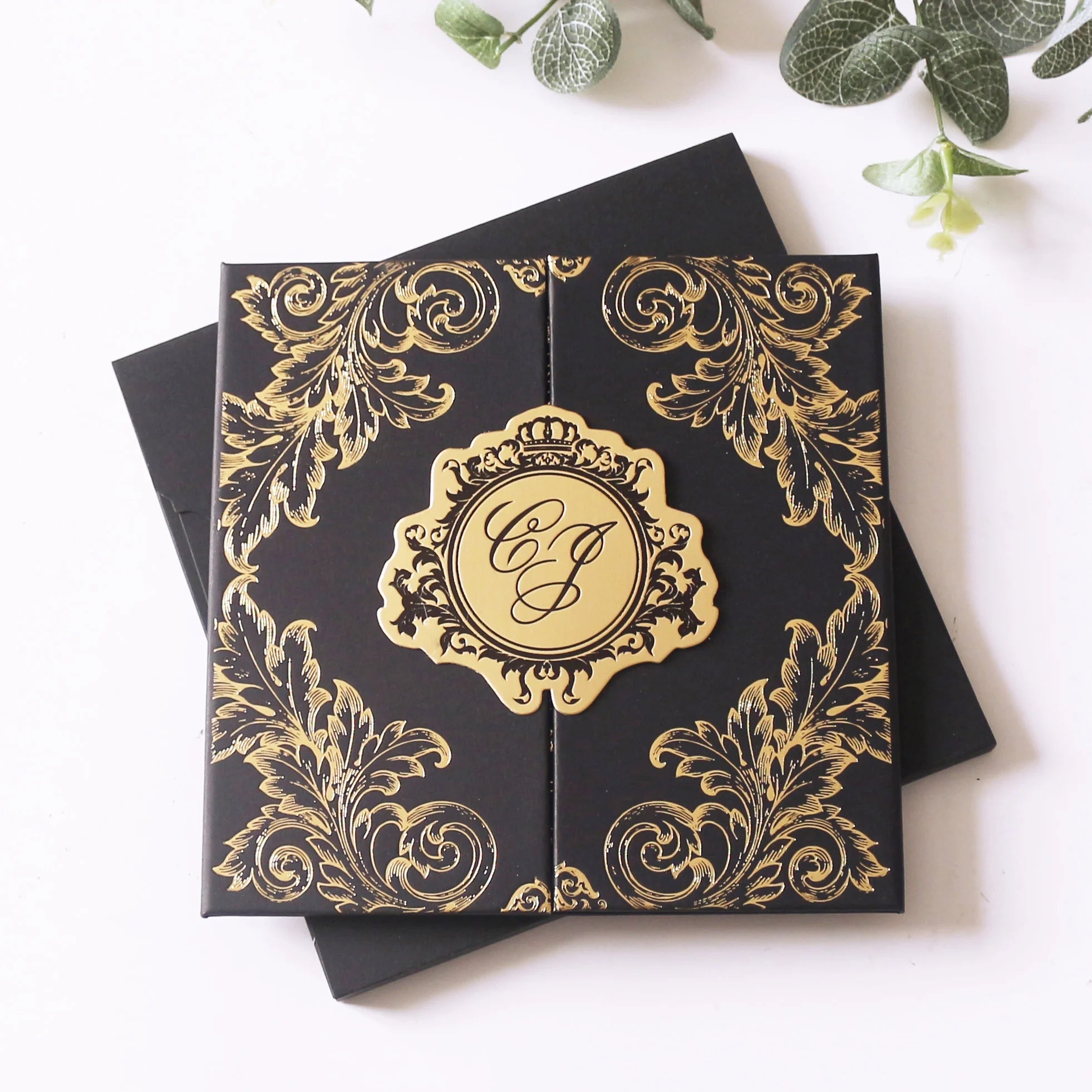 Elegant Luxury Wedding Invitations Tri-Folded Hardcover Black Gold Foiling Paper Pockets Tags Featuring Music Cross Angel Styles
