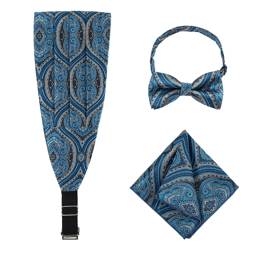 High Quality Men's Fashion Microfiber Woven Paisley Cummerbund Bow Tie Polyester Pocket Square Set