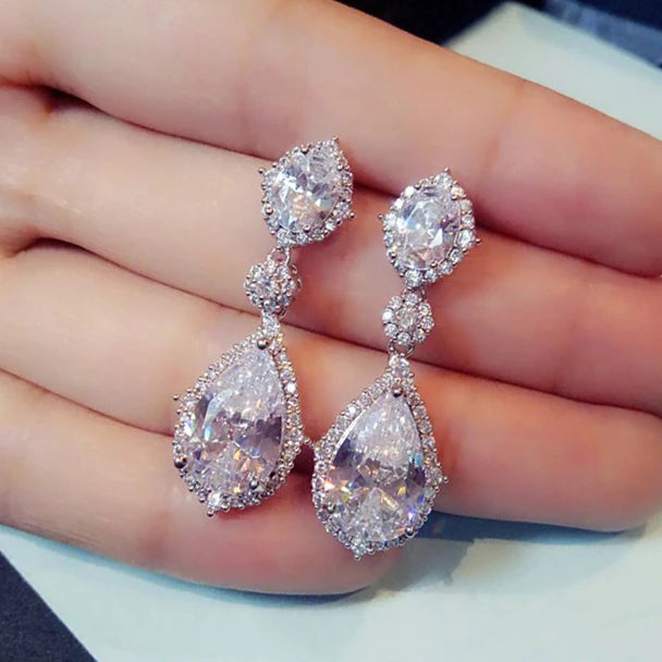 CAOSHI Brass Jewelry Romantic CZ Pear Cut Zirconia Earrings Silver Plated Bridal Wedding Engagement Drop Pendant Earrings Women