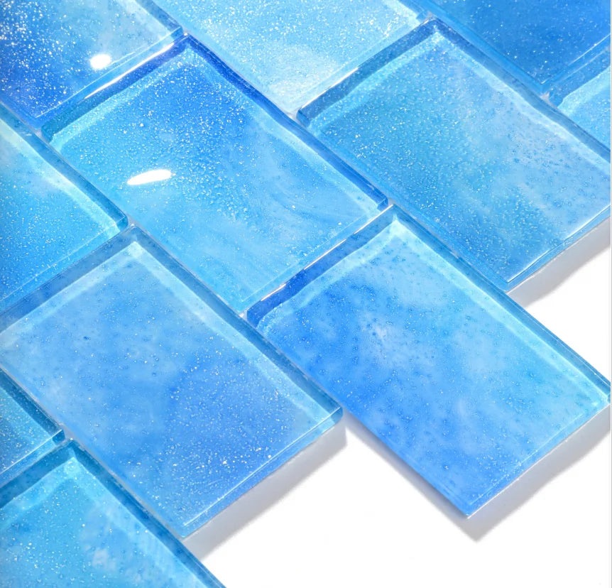 Customized Modern Design Sky Blue Crystal Swimming Pool Tile 4mm Thick Iridescent Rainbow Powder Glass Mosaic for Indoor Wall