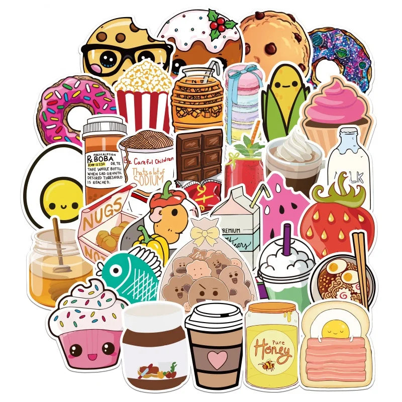 100Pcs New Style Food Dissert Ice Cream Cartoon Graffiti Stickers for Kid Decor Bottle Wall Home Table Cute Snack Sticker