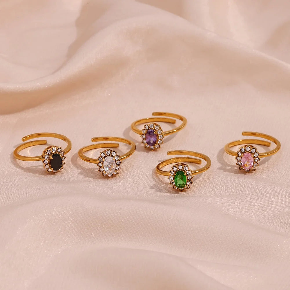 Colorful Zircon Flower Adjustable Rings for Women 18K Gold Plated Stainless Steel Rings Women Jewelry