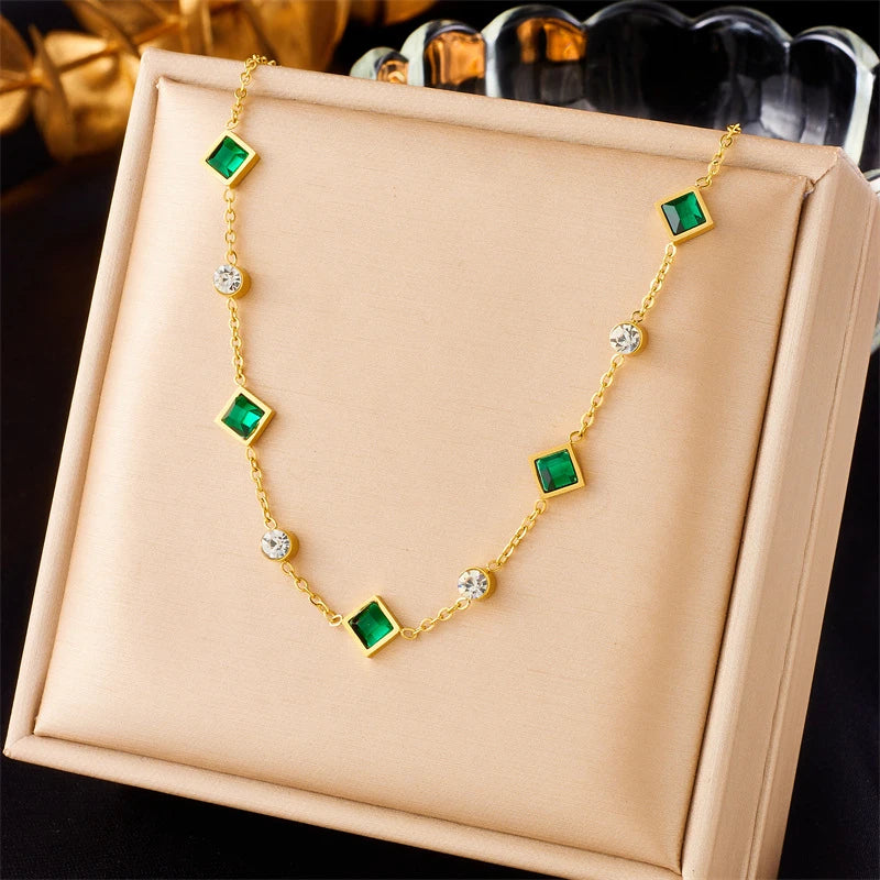 G3864 Wholesale Stainless Steel Green Emerald Square Round Rhinestone Charm Necklace for Women Fashion Jewelry Necklaces