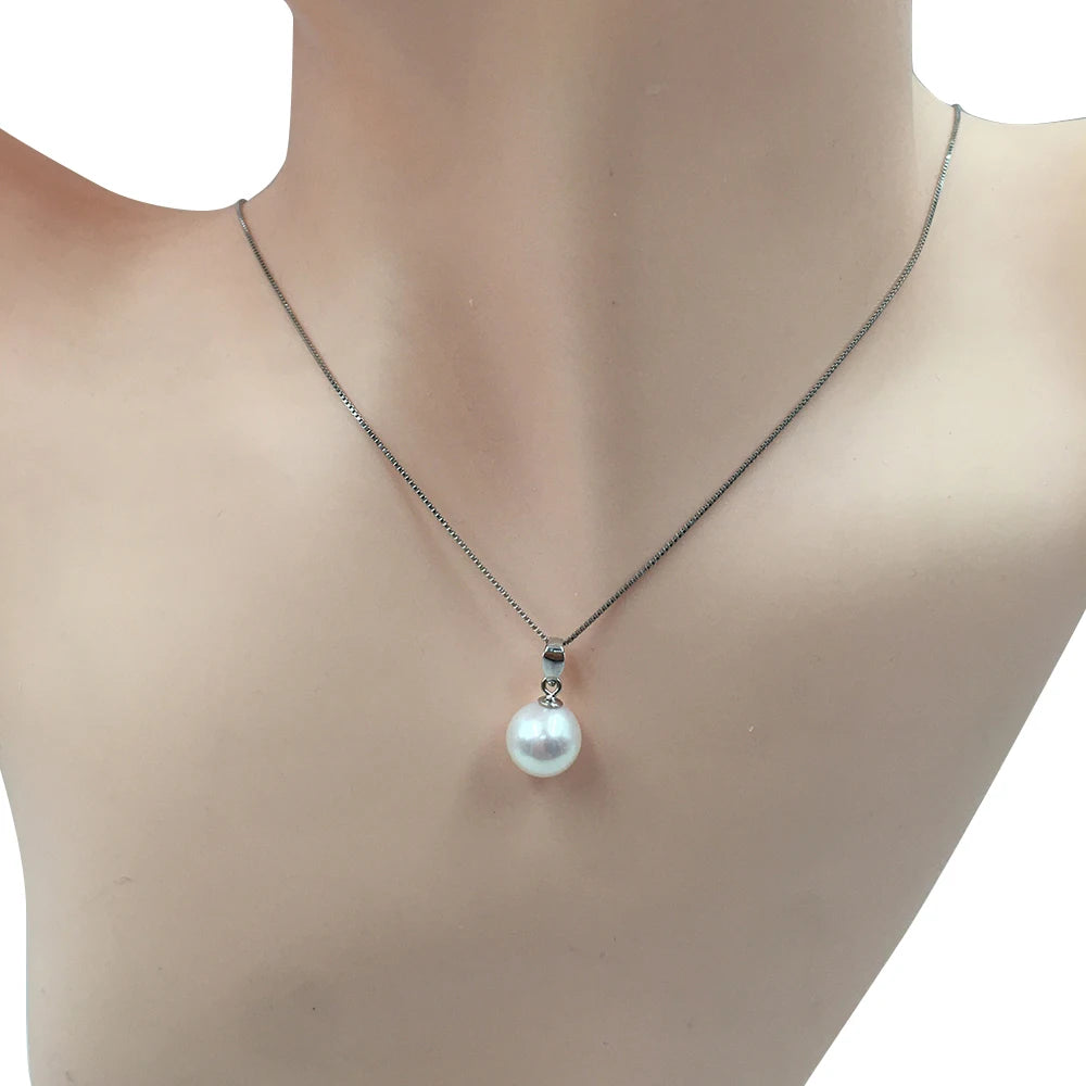 100% Nature Freshwater Pearl Pendant Necklace8.3-9 MM Perfect ROUND High LUSTER Pearl925 Silver Box Chain-18 Inch Length