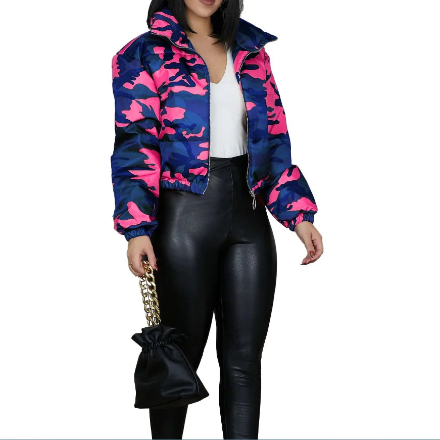 Winter Women Short Parka High Collar Full Sleeve Zipper Camouflage Print Coat High Street Outer Night Club Jacket Top Short Coat