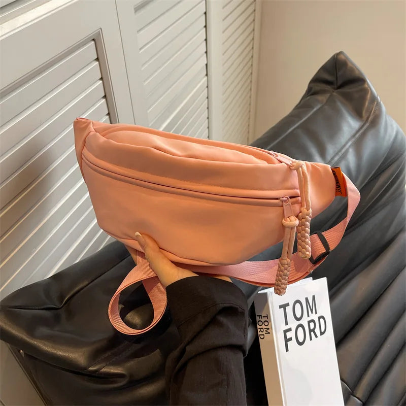 Korean Fashion Solid Color Chest Bag Sports Zipper Waist Bag for Women Portable Large Capacity Shoulder Crossbody Bags