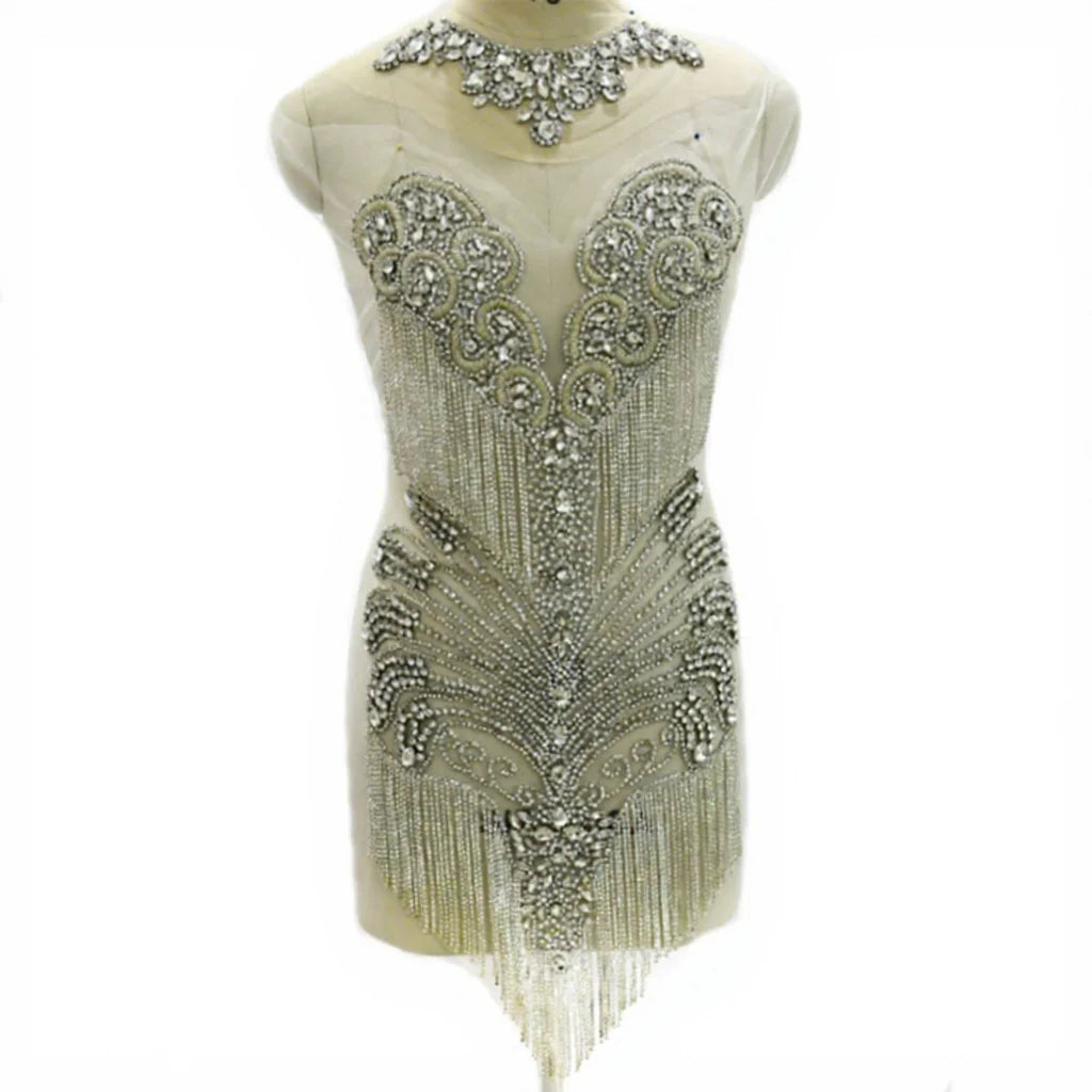 WDP-455 in Stock Crystal Fringe Sparkling Rhinestone Patch Handmade Beaded Diamond Bodice Applique