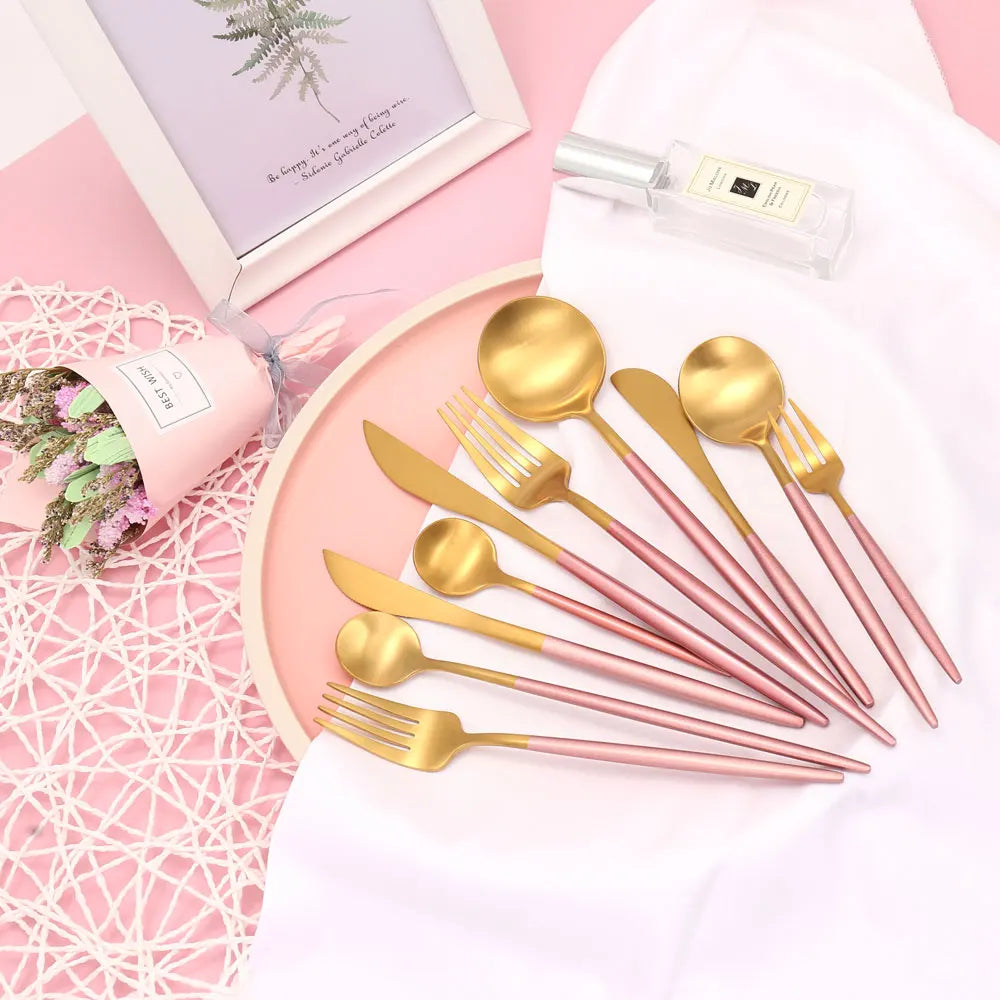 Luxury Stainless Steel Cutlery PVD Titanium Gold Plated Spoon Fork Knife Gold Pink Handle Flatware Set for Wedding Event