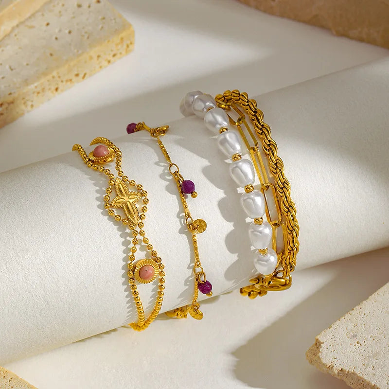 Fashion Women's 18k Gold-plated Stainless Steel Imitation Pearl Bracelet Waterproof Natural Stone Pendant Bead Bracelet Jewelry