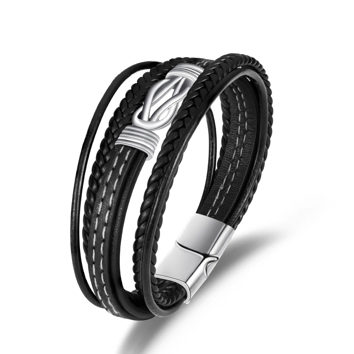 New Arrive Handmade Woven Stainless Steel Magnetic Clasp Jewelry Vintage Punk Leather Bracelet for Men Gift