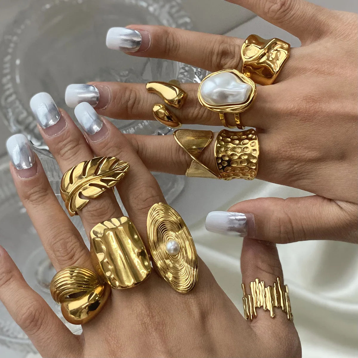 Bijoux Pour Femme Stainless Steel Gold Plated Chunky Ring Irregular Exaggerated High-End Adjustable Opening Pearl Ring for Women