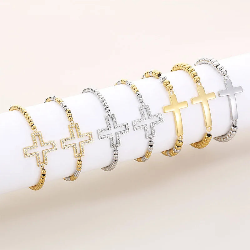 G2364 Wholesale Stainless Steel Gold Plated Cross Charm Beaded Cross Bead Bracelet for Women Fashion Jewelry Bracelets & Bangles