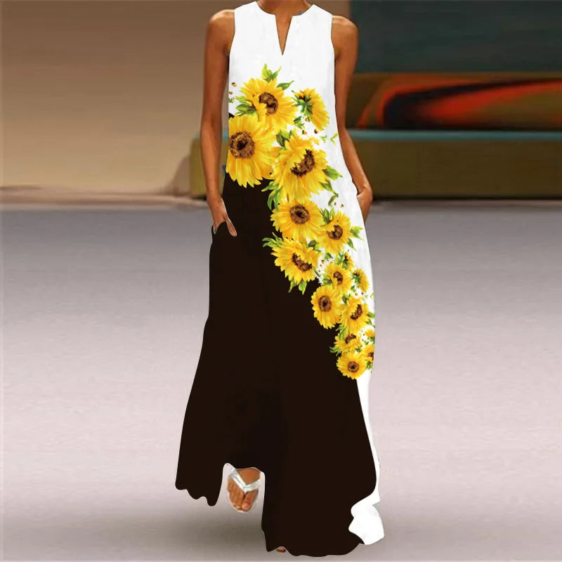 Loose Plus Size Women Maxi Dress Summer Sleeveless African Lady Pocket Floral Print Casual Dress
