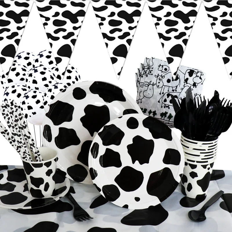 Cute Cow-Themed Party Tableware Set Birthdays Children's Day Includes Paper Plate Cup Straw Balloon Valentine's Day Decorations