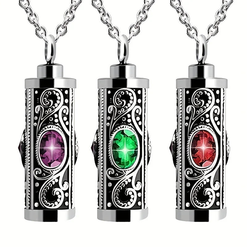 Trendy Stainless Steel Cremation Jewelry Memorial Pendant Birthstone Keepsake Open Cylinder Box Pendant Necklace Gift for Women