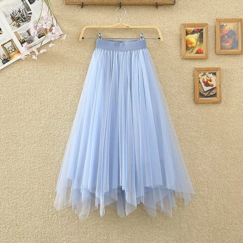 One Size Irregular Mesh Skirt Summer High Waisted Mid Length Skirt Fluffy Sheer Skirt