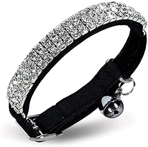 Soft Velvet Safe Cat Adjustable Collar Bling Diamante with Bells 11 Inch for Small Dogs and Cats