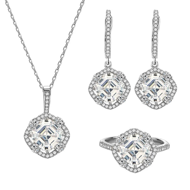 Wholesale Women Wedding Jewellery Designs Sterling Silver S925 Square Main Diamond Zircon Earring Necklace Dubai Jewelry Sets
