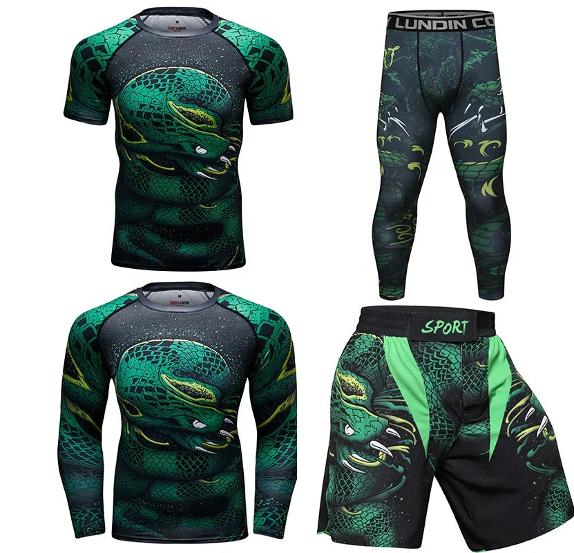 Wholesale Custom 4 Piece Rash Guard Bjj Setrash Vest Fully Sublimation Compression Pants Mma Boxing Shorts Breathable t Shirts