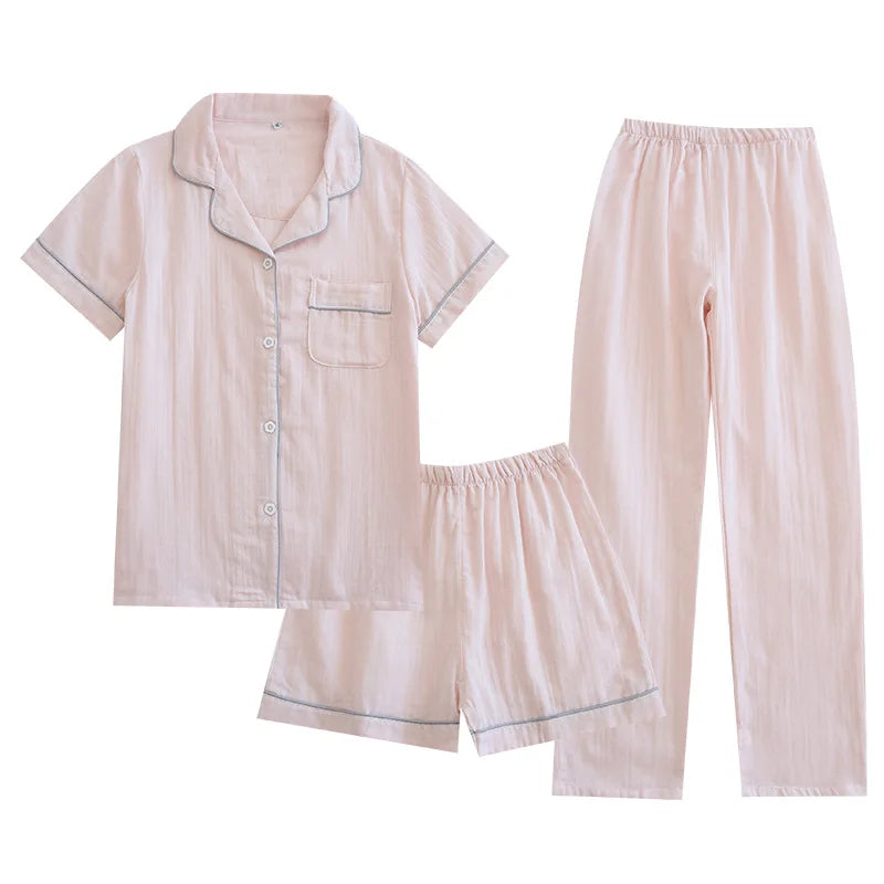 Three Sets of Pure Cotton Gauze Pajamas Women Spring and Summer Short Sleeve Cardigan Thin Money Can Be Worn Outside Pajama Set