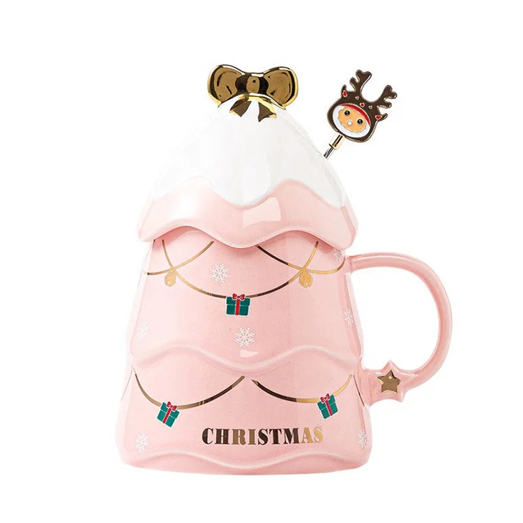 500ml Ceramic Xmas Tree Cup Gift Cup Coffee Cup Creative Cartoon Christmas Mug with Lid and Mixing bar
