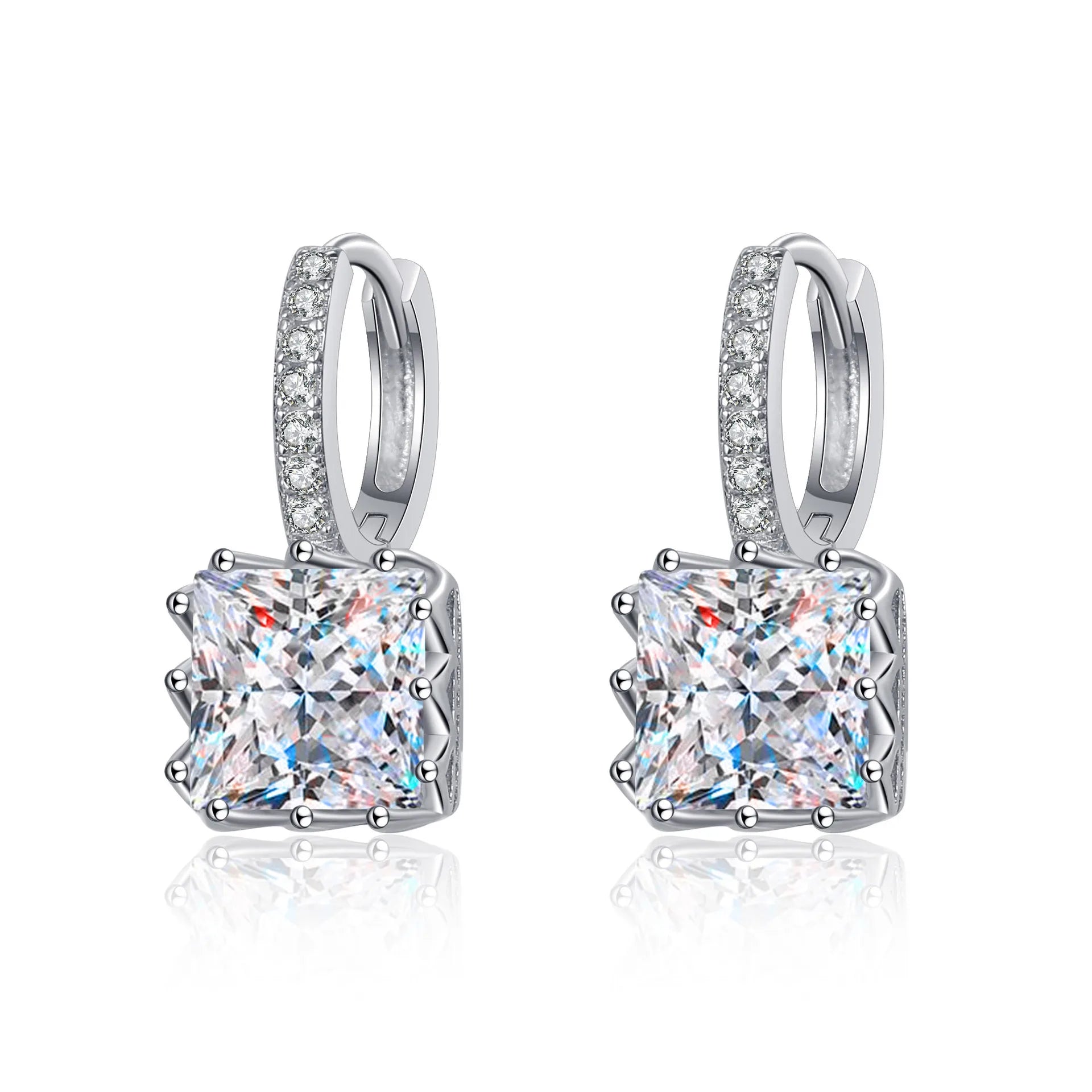 Original Factory Wholesale Trendy 925 Sterling Silver Princess Square Moissanite Earrings with PT950 Platinum Plating