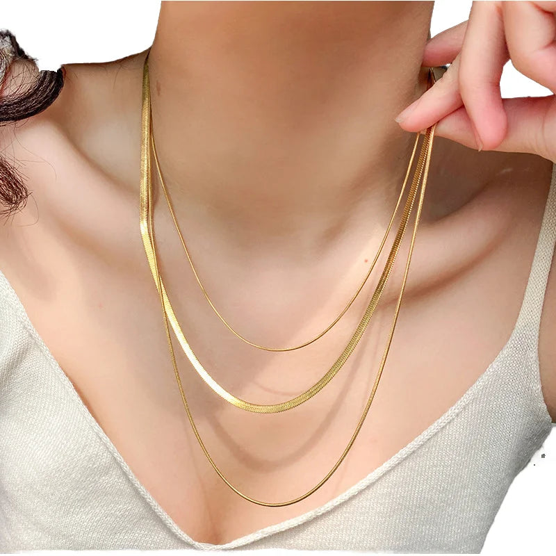 HOVANCI 18k Gold Plated Stainless Steel Jewelry Set 6 Basic Snake Herringbone Chain Necklace