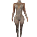Shiny Long Sleeves Nude Spandex Stage Pole Dance Leotard Slim Fit Rompers Sexy Rhinestone Bodysuits Women Night Club Jumpsuits