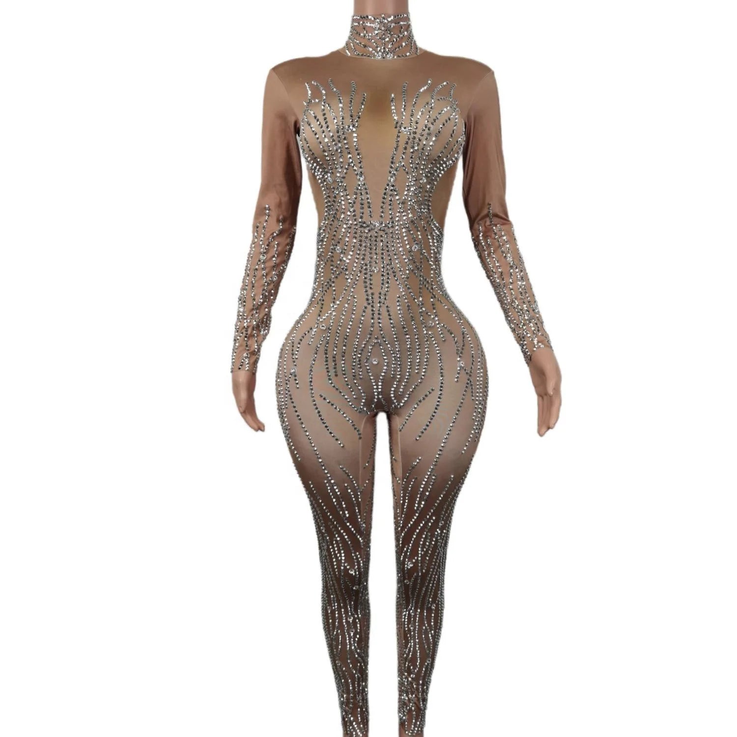 Shiny Long Sleeves Nude Spandex Stage Pole Dance Leotard Slim Fit Rompers Sexy Rhinestone Bodysuits Women Night Club Jumpsuits