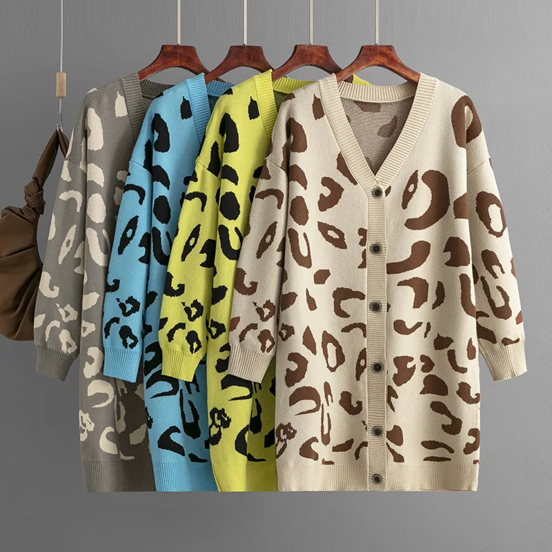 One Size Autumn and Winter New Knitted Sweater Medium Long Loose Jacket Leopard Print Sweater Cardigan