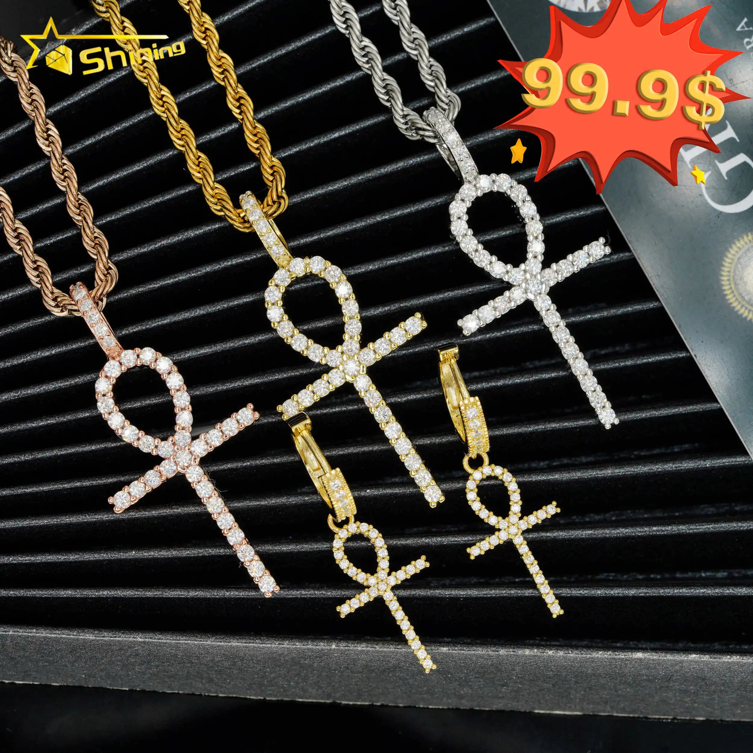 Custom Jewelry 925 Sterling Silver VVS Moissanite Iced Out Cross Ankh Pendant Earring