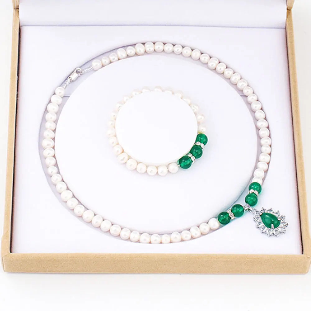 Fresh Water Pearl Bead Green Zircon Emerald and Red Carnelian Pendant Necklace and Bracelet Jewelry Set for Women
