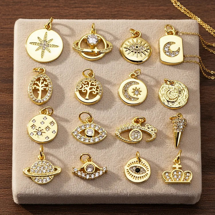 CZ8292 Wholesale Tiny CZ Brass Charm Evil Eyes Crown Women's Christian Jewelry Findings Copper Circle Pendant for Children