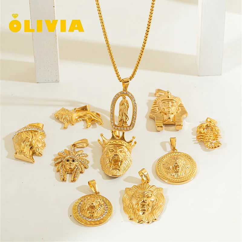 Punk Stainless Steel Zircon Lion Pendant 18K Gold Plated Animal Jewelry Egypt Pharaoh Necklace Pendant for Men