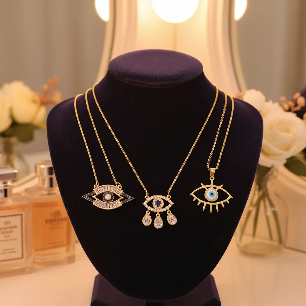 NZ1236 18K Gold Plated CZ Pave Turkish Evil Eyes Necklace Protection Layering Jewelry for Women