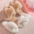 Woman Ladies Girls Faux Rabbit Fur Fluffy Plush Home Open Toe Cross Upper Indoor Slipper