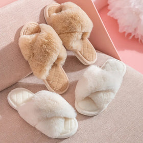 Woman Ladies Girls Faux Rabbit Fur Fluffy Plush Home Open Toe Cross Upper Indoor Slipper