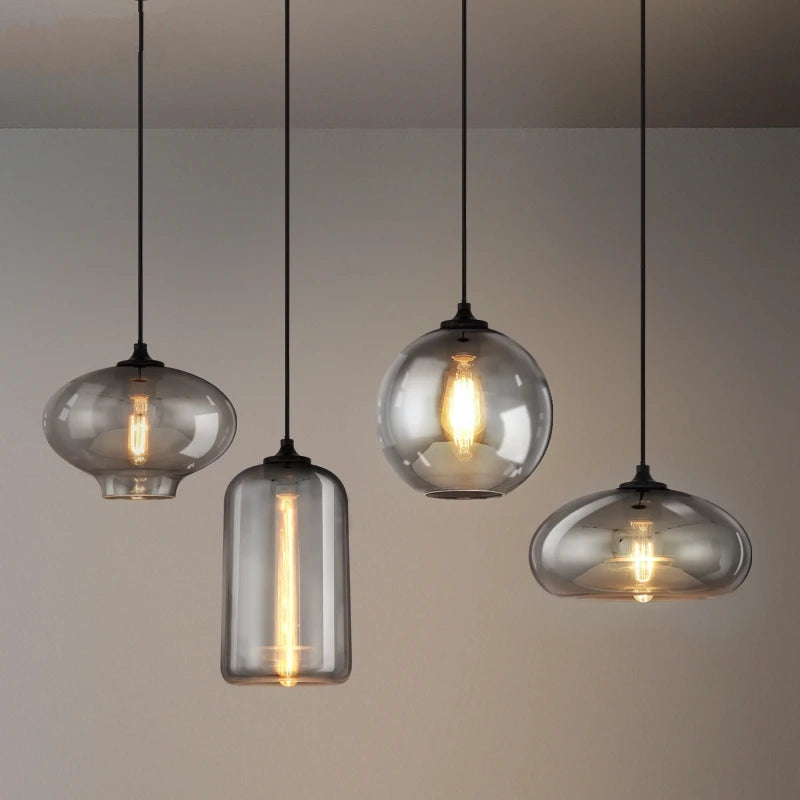 American Vintage Smoke Gray Glass Pendant Lights Living Room Nordic Led Hanglamp Loft Industrial Hanging Lamp Decor Luminaire
