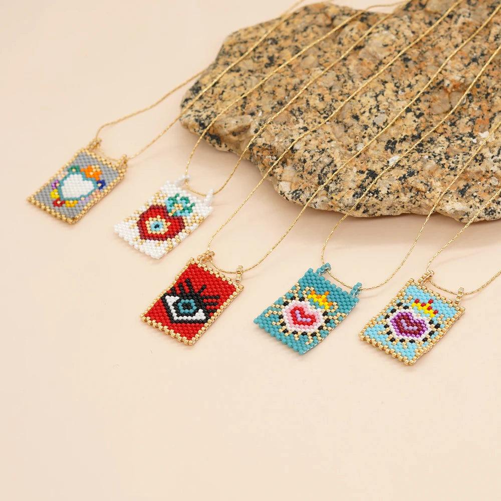 Go2Boho New Arrival Rectangle Peach Heart Pendent Necklace Gold Filigree Chain Jewelry Miyuki Beads Necklace for Lover