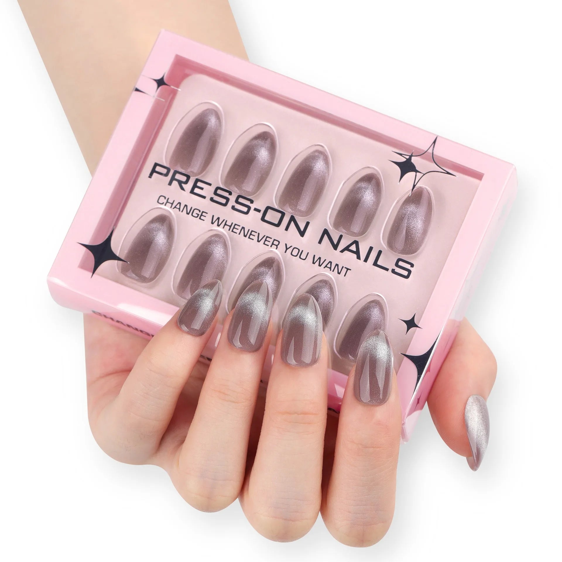 100% Acrylic 30 Pcs  GD26 Minimalist French Cat-eye High-end Translucent Gray Almond Shape Press on Nails Customize False Nails