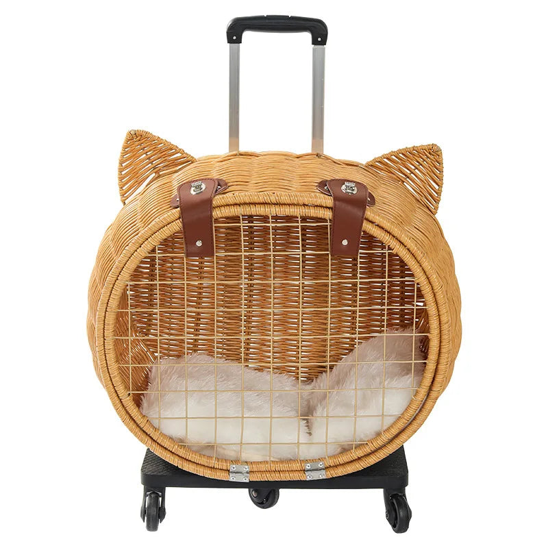 New Release OEM&ODM Outdoor Handmade 2 in 1 Large Capacity PE Rattan Breathable and Portable Cat Travel Bag Pet Trolley With Pad