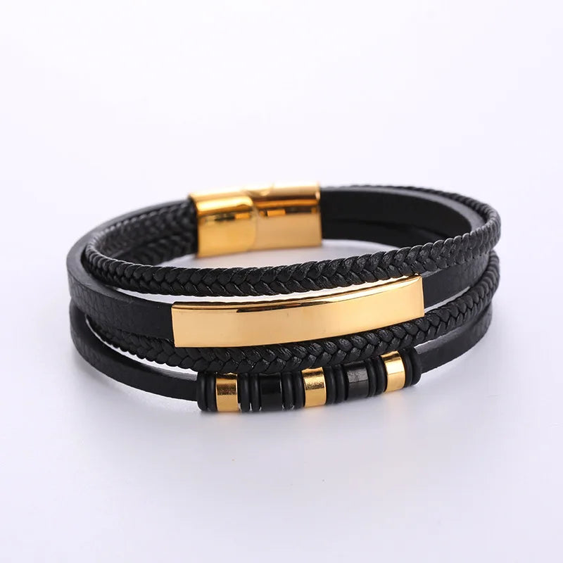 Custom Engraved Blank bar Men Vintage Multilayer Leather Braid Bracelets With Stainless Steel Clasp