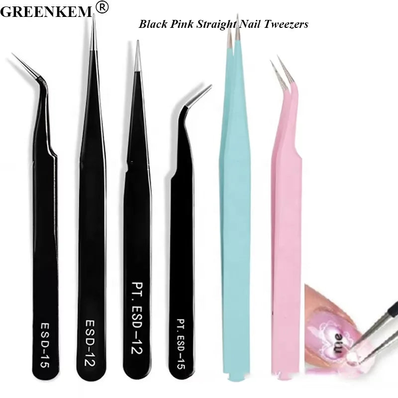 Black Straight Nail Tweezers Clip Manicure Makeup Eyebrow Supplies Rhinestones Picking Tools Nail Art Nipper