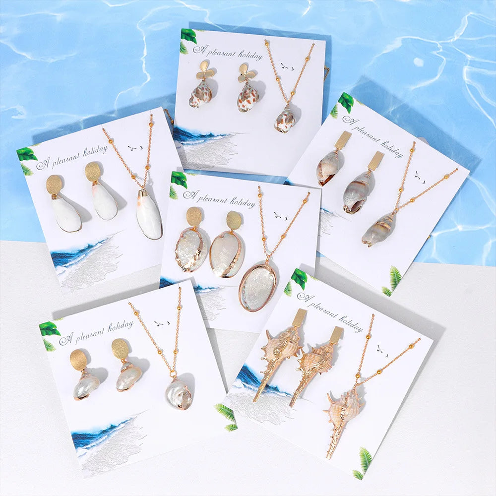 Boho Ocean Theme Jewelry Set Natural Seashell Pendant Necklace and Earrings for Summer Beach Vacation