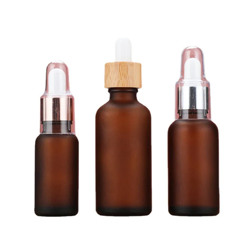 Frosted Amber Essential Oil Glass Bottle with Bamboo or Silver Dropper Lid Wholesale