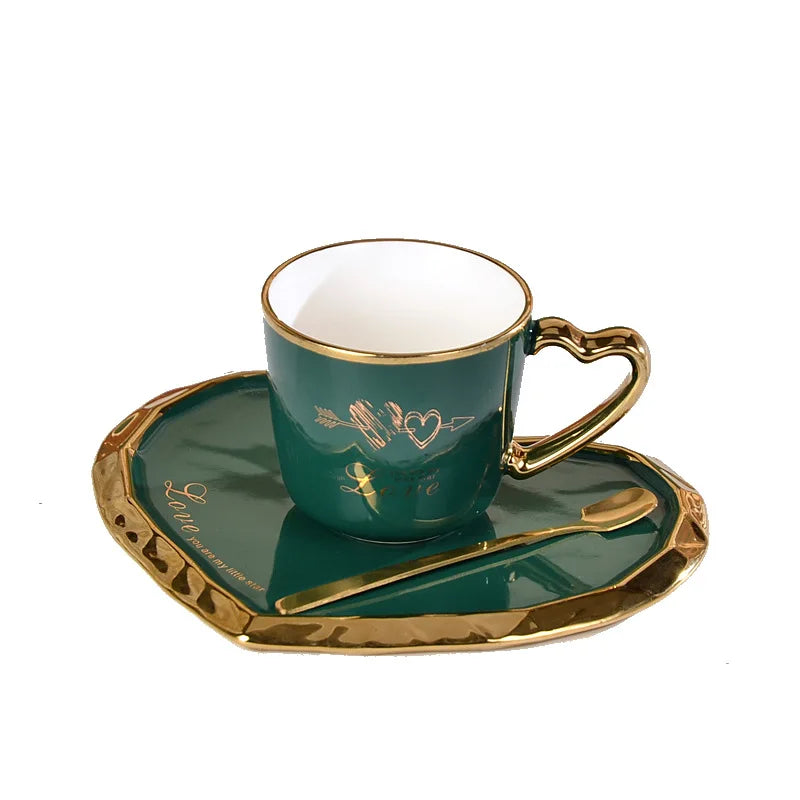 Zogifts Nordic Ceramic Coffee Mugs Gold Plated Heart Shape Handle Tea Cups & Saucers Set with Tray and Spoon Irregular Design
