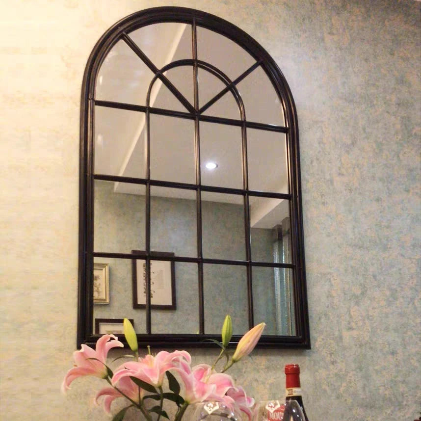 89*60cm Door Design Decorative Large Iron Wall Mirrors Wall Hanging Black Metal Frame Arch Mirror for Home Decor Dropshipping